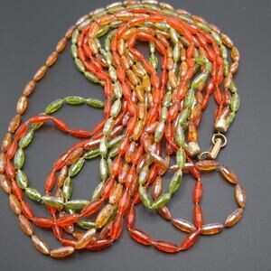 Vintage Long Three Strand Necklace, Light Green Orange Topaz Lucite, 1950s, 54"